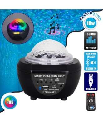 GloboStar® 79603 Μαύρο Επιτραπέζιο Διακοσμητικό Φωτιστικό Ειδικών Εφε NIGHT SKY GALAXY 3D LED 10W DC 5V 2200mAh Επαναφορτιζόμενο με Bluetooth Speaker - Sound Activated - Καλώδιο Τροφοδοσίας USB και Ασύρματο Χειριστήριο RF 2.4Ghz Πολύχρωμo RGB Dimmable